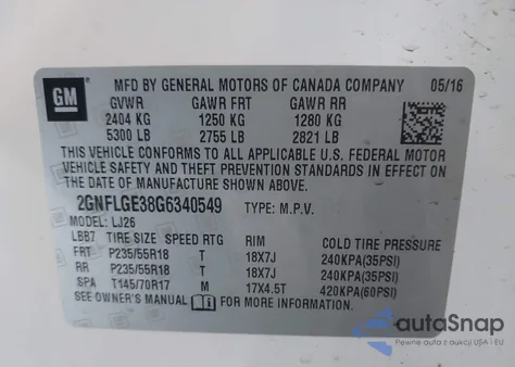 2016 Chevrolet Equinox Ltz z USA, uszkodzony, nr VIN 2GNFLGE38G6340549